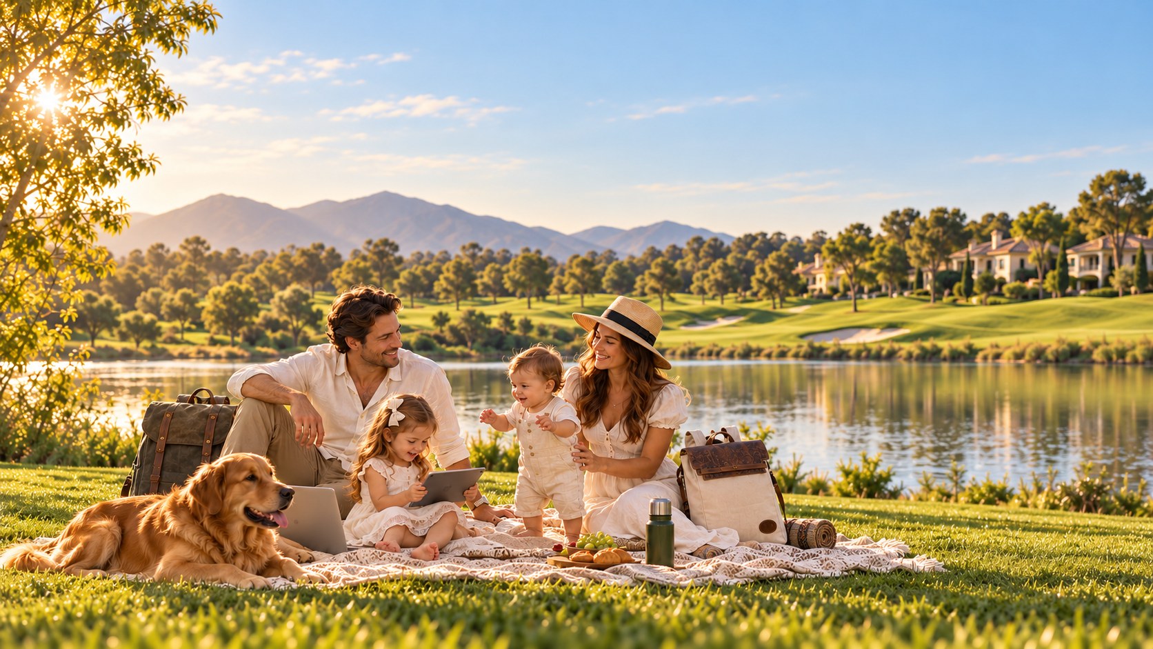 A family picnicking by a lake at golden hour with Hovanahills bags