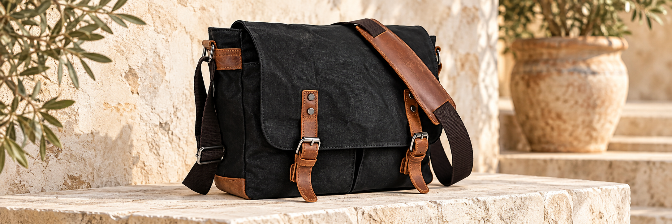 Black waxed canvas messenger bag displayed on limestone