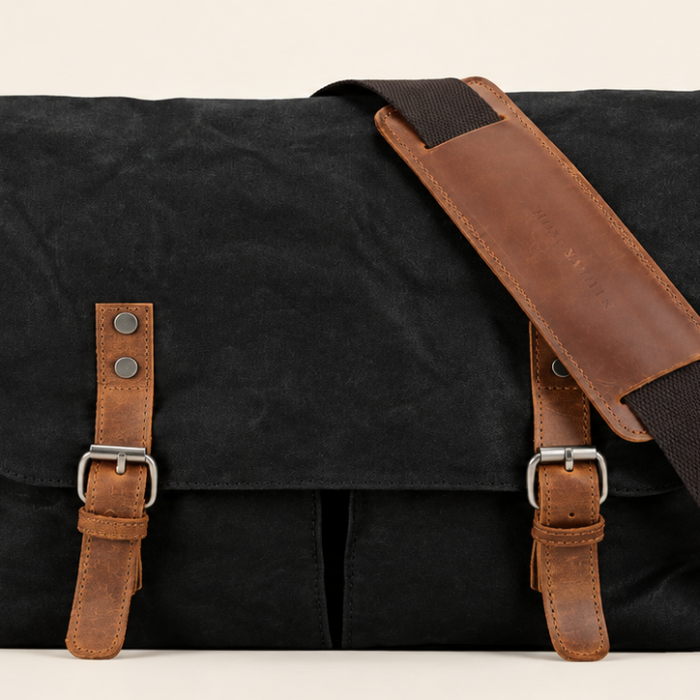 Classic Leather Canvas Messenger – Black