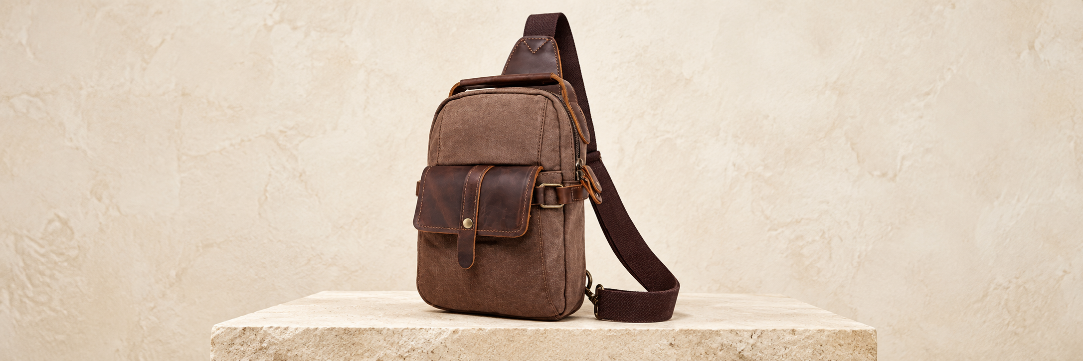 The tan canvas shoulder bag on a limestone plinth