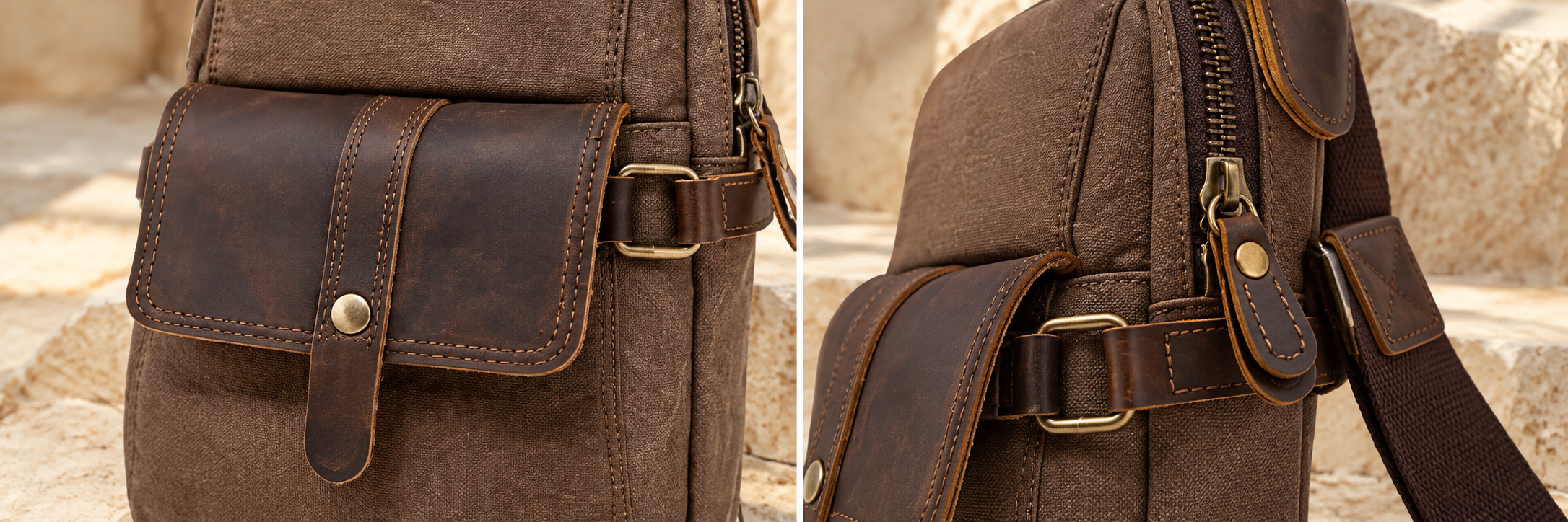 Close-up of the leather strap and front pocket detail