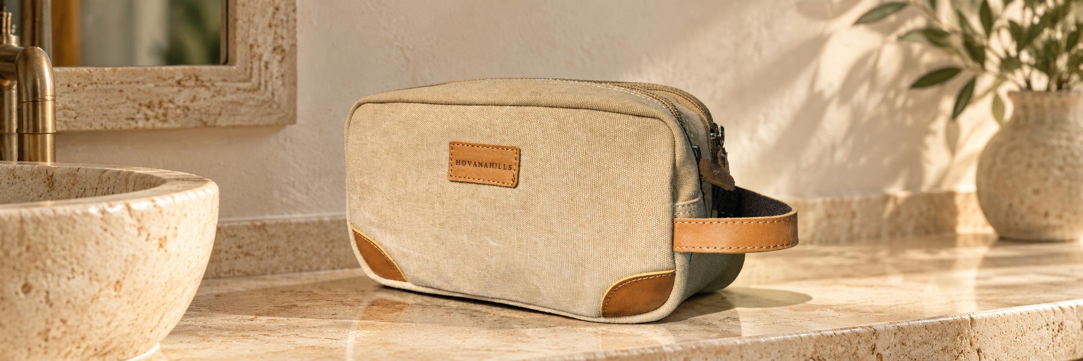 Classic Wash Bag in Nude Sand on honed limestone