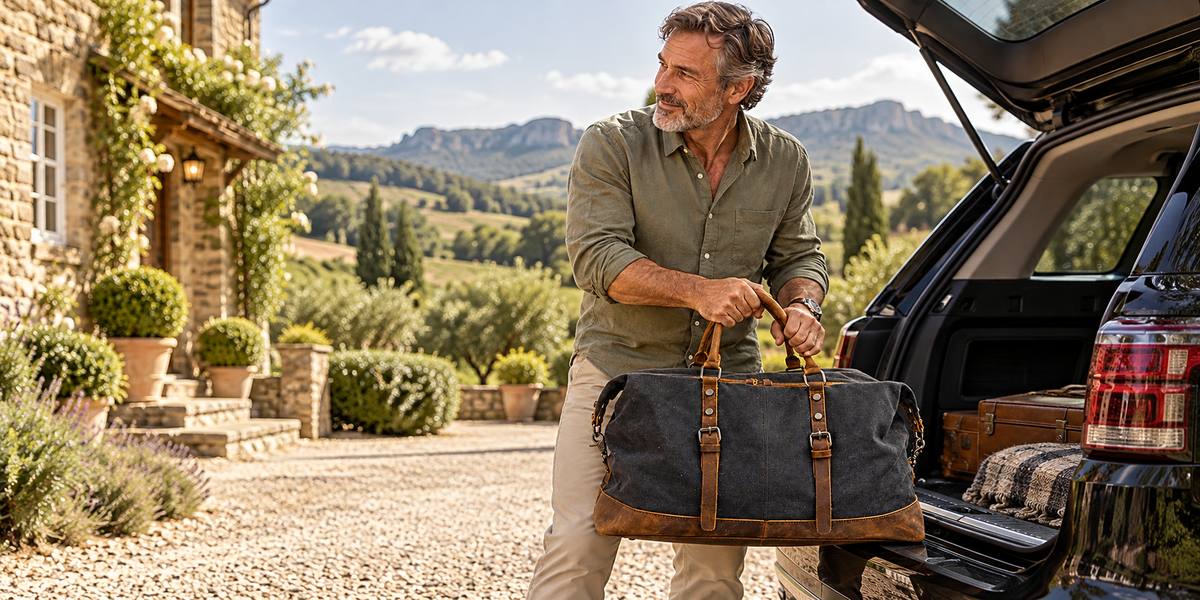A man loading a navy waxed canvas duffel into the boot of a car outside a stone farmhouse
