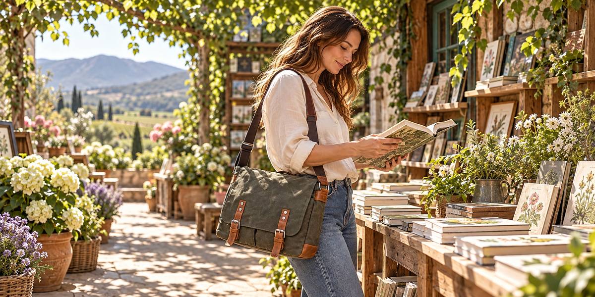 A woman browsing botanical books at a flower market with an olive waxed canvas messenger over her shoulder