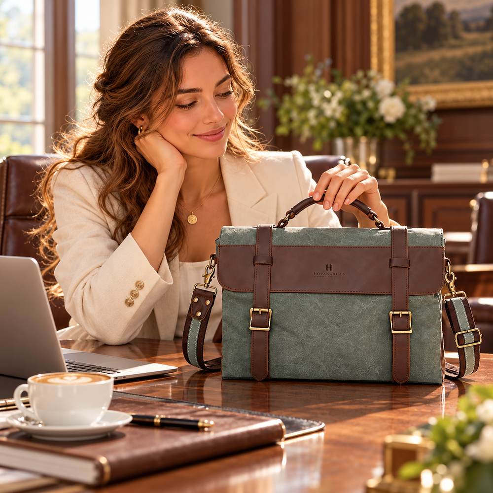 A woman in a cream blazer smiling at the Sage Lichen shoulder bag on a polished office desk beside a laptop and a flat white
