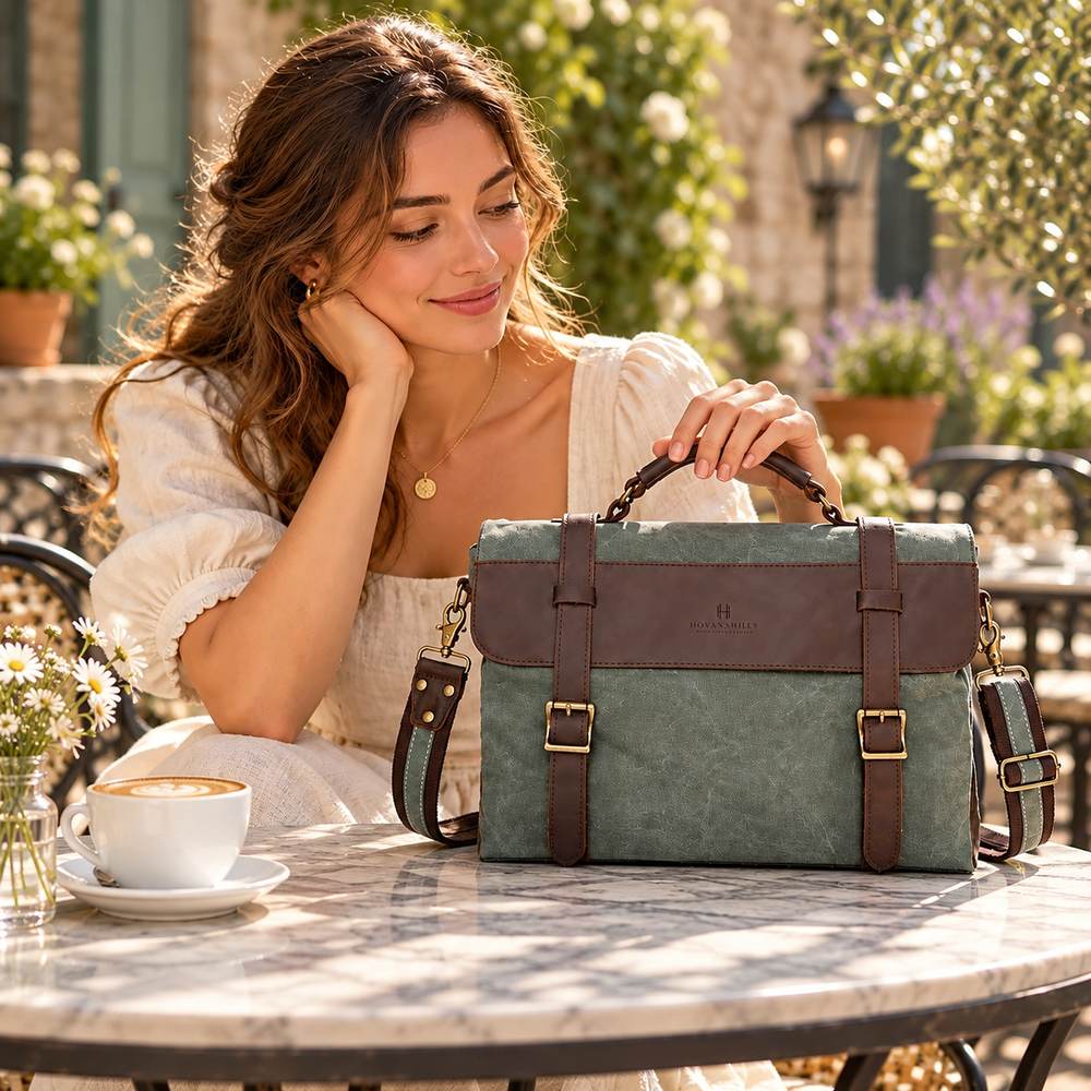 A woman smiling at the Sage Lichen shoulder bag on a café table in the sun