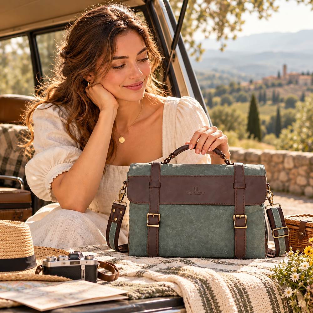 A woman resting beside the Sage Lichen shoulder bag on a picnic blanket at the back of a car, with a camera, a straw hat and a map